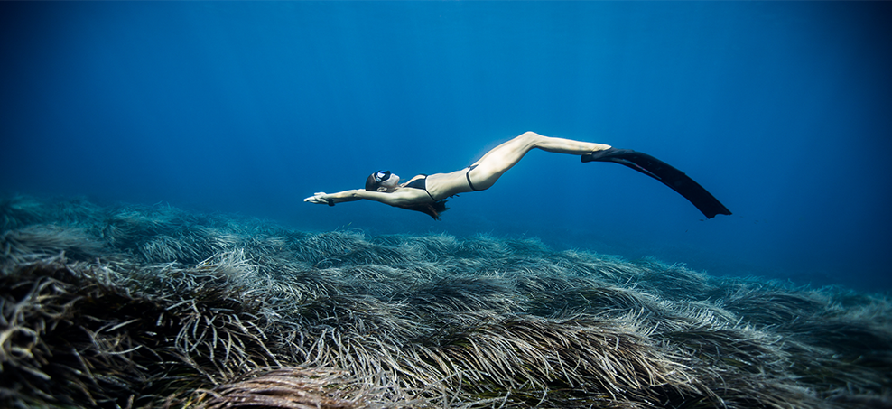 Christina Saenz de Santamaria freediving in Ibiza. Photo: One Ocean One Breath